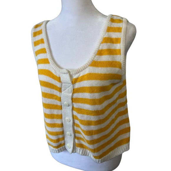 Vintage Stefano Cropped Yellow Stripe Button Sweater Tank Shirt 90's Y2K Large - Picture 2 of 6